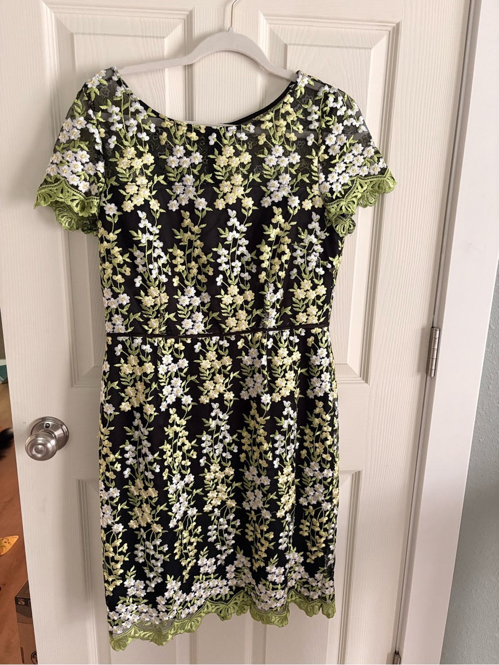 Tahari Black Lace Midi Dress with Green and White Floral Embroidery